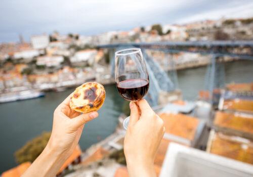 portuguese dessert and wine on porto background