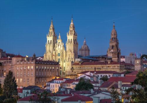 santiago de compostela spain illuminated cathedral